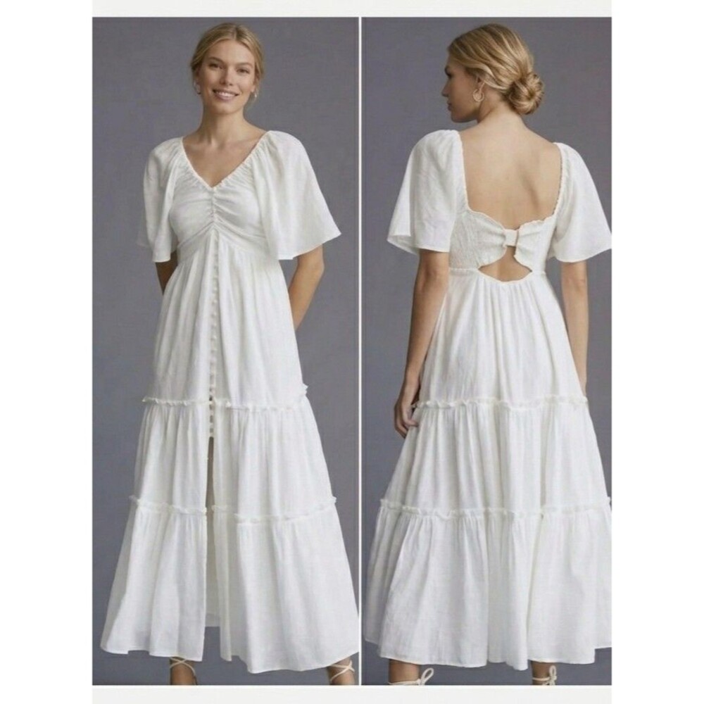 Anthropologie Maxi Dress White Ethereal Flutter Sleeve V-Neck Tiered Boho Sz XSP